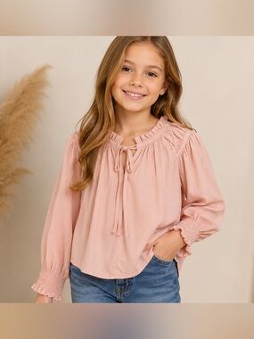 Pleat Girls Blush Pink Ruffle Tie Neck Smocked Cuff Blouse Size 10